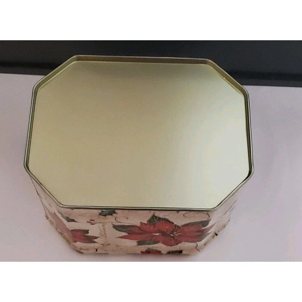 Octagon Christmas Tin Poinsettia Gift Small Metal Storage Box Clean Gold Inside